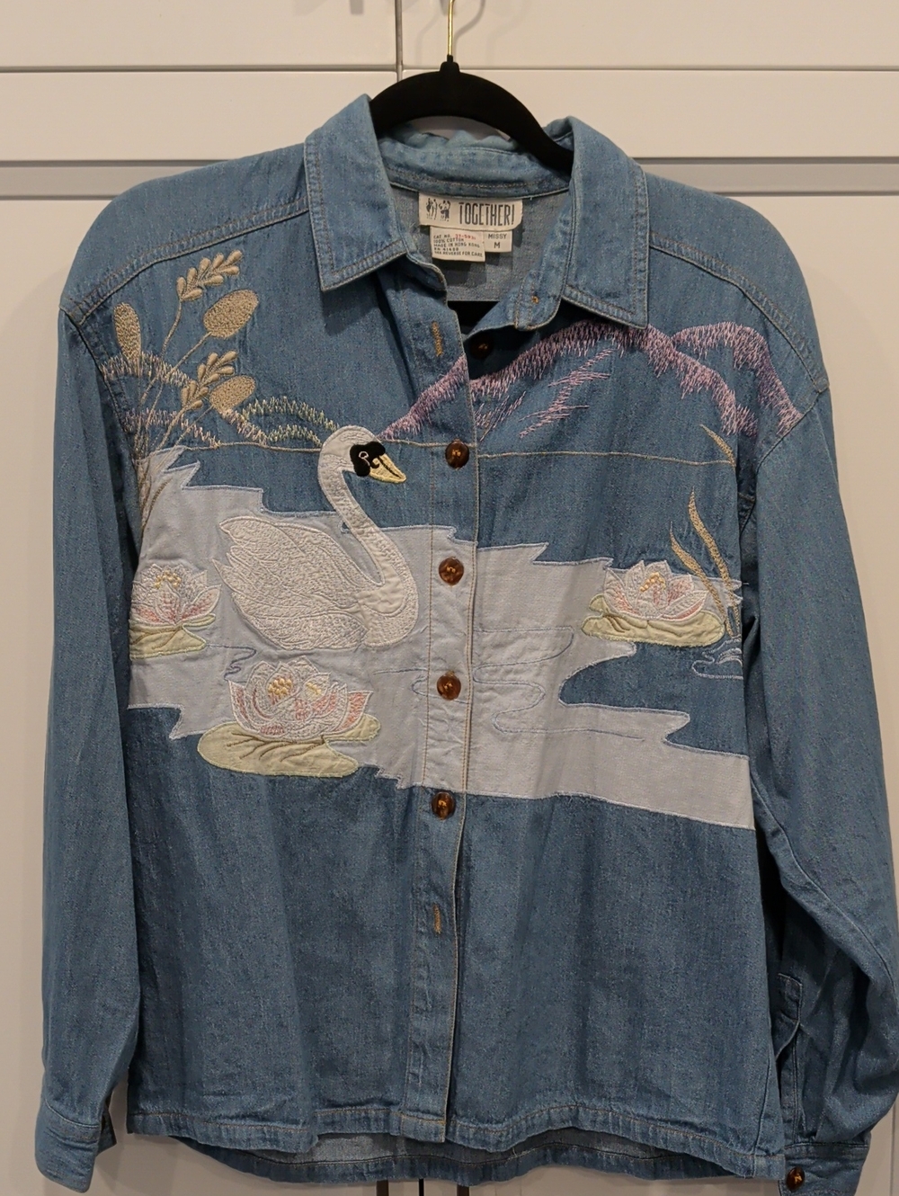 Together Light Blue Denim Button-Up Shirt with Swan & Waterlily Embroidery